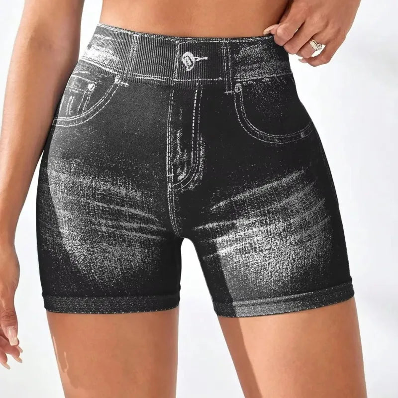 Women Seamless V Back Shorts Faux Jeans Elastic Yoga Pants Butt Lifting Leggins Fitness Athletic Workout Sports Short Tights