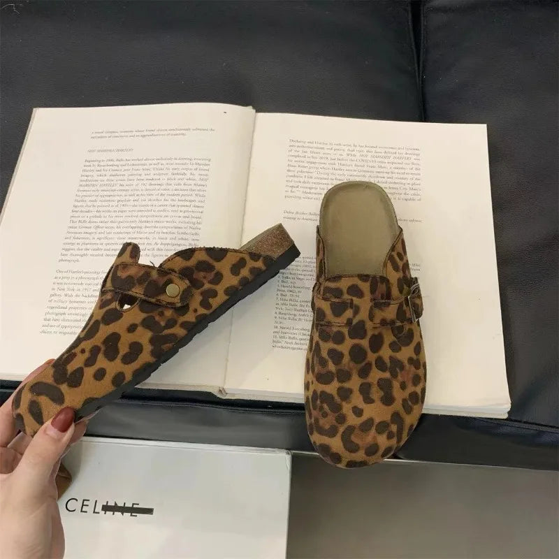 New Classic Women's Leopard Closed Toe Cork Flats Slippers Ladies Leopard Cork Slippers Camo Mule Clogs Shoes  Zapatos De Mujer