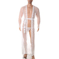 Men Robe Long Sleeves Bathrobe Kimono Mens Pajamas Lace See-through Bathrobe Night Dressing Gown With Jockstrap Thong Set