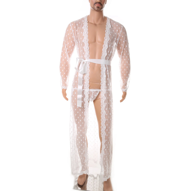 Men Robe Long Sleeves Bathrobe Kimono Mens Pajamas Lace See-through Bathrobe Night Dressing Gown With Jockstrap Thong Set