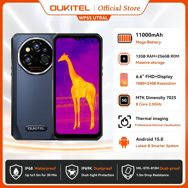 OUKITEL WP55 Ultra Rugged Phone - Thermal Imaging 5G Smartphone, MTK 7025, 48+512GB, 11000mAh, 108MP, 6.6" NFC Android 15