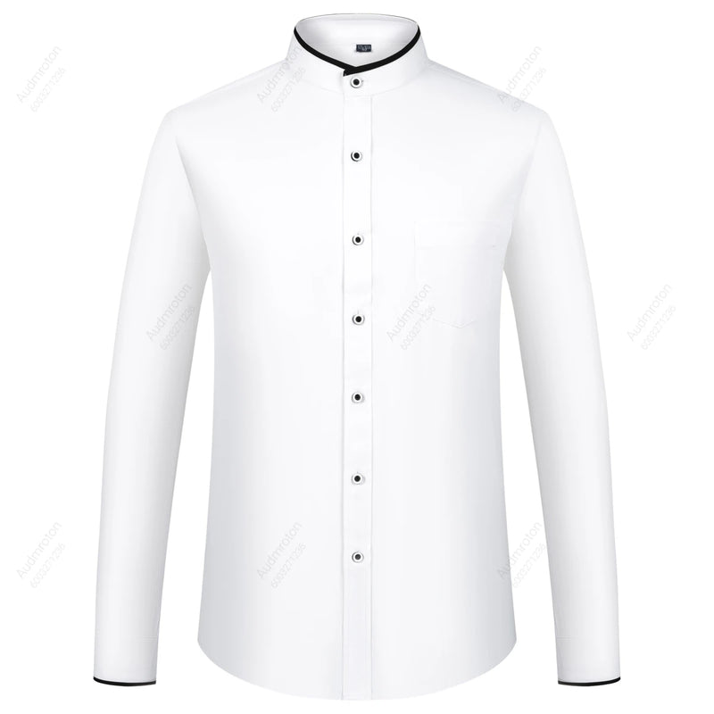 Men's Banded Collar Dress Shirts Long Sleeve Button Down Mandarin Versatile Solid with Pocket - View 9 | SAMAG