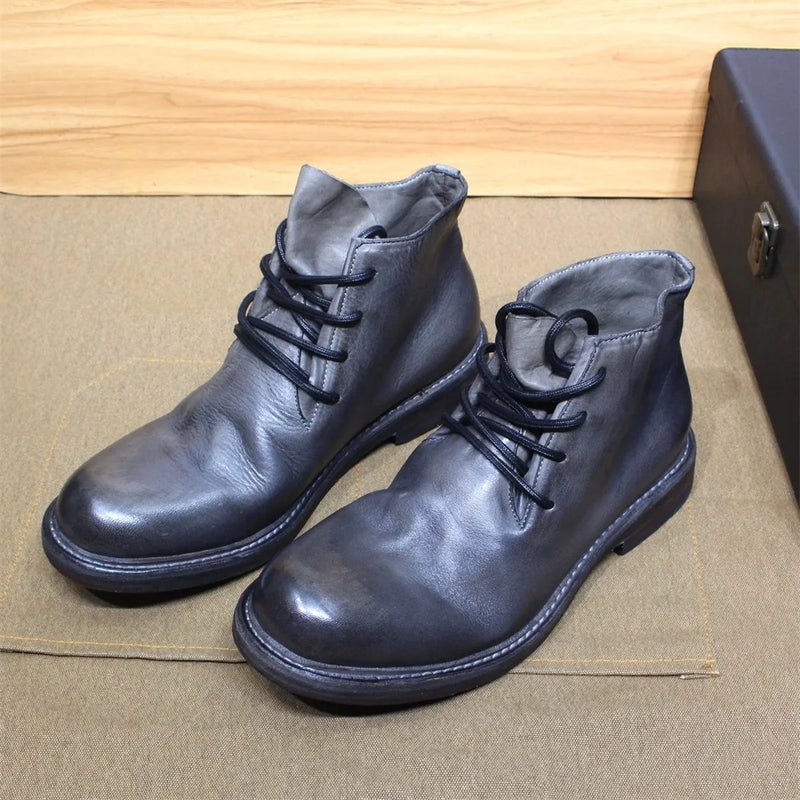 British Style Mens Ankle Boots Soft Calf Real Leather Handmade Motorcycle Boots Leather Sole Comfortable Lace Up Winter Footwear