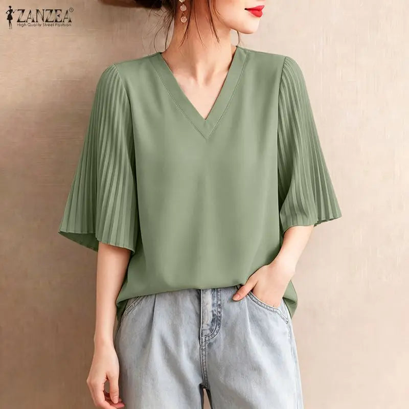 ZANZEA Summer Elegant V Neck Short Sleeve Blouse Women - View 4 | SAMAG