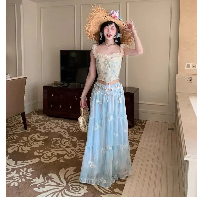 Women Summer 2 Piece Skirt Set Floral Embroidery Lace Corset Top Tiered Maxi Beach Vacation Holiday Outfit