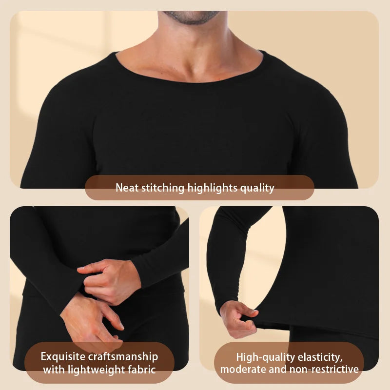 Winter Long Johns Men's Thermal Underwear Thickened Cashmere Silk Base Layer Set  Fleece Warm Pajamas Set Round Neck