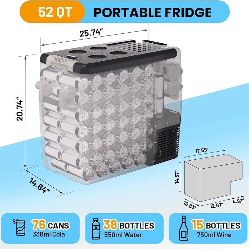 Portable Refrigerator 52QT (50L) Electric Cooler Freezer 12V/24V DC 110-240V AC Car Fridge 0℉~50℉ Car Refrigerator With Basket for Travel, Truck, Boat, Camping