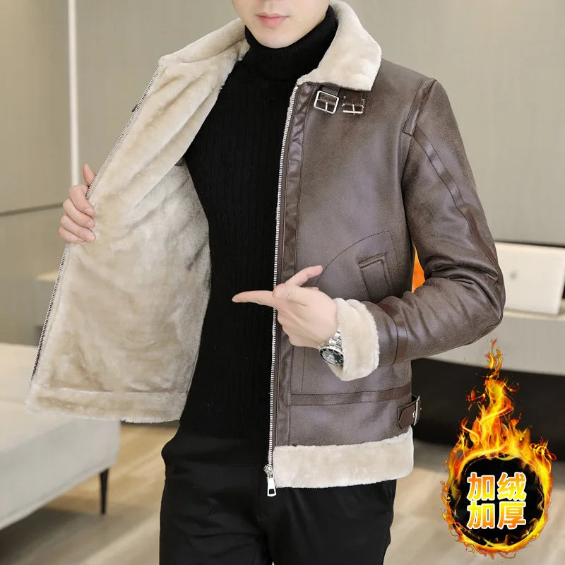 Winter Fur Leather Jacket Men Lapel Motorcycle Jacket Plus Velvet Padded Warm Casual Streetwear Social Coat Men Clothing