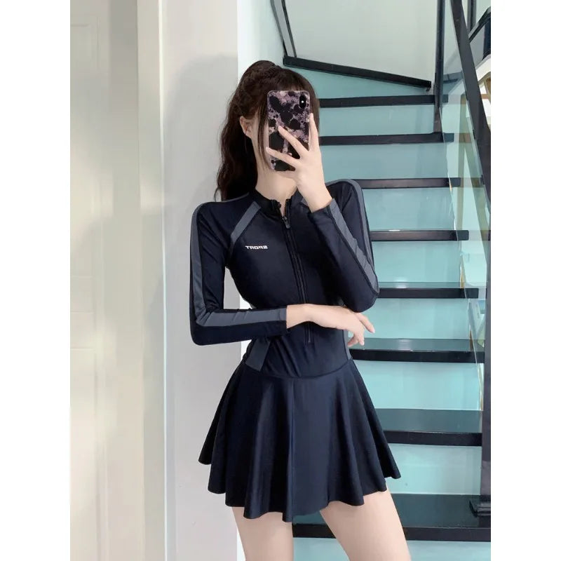 Athletic Long Sleeve One Piece Swimsuit Dress with Zipper | SAMAG