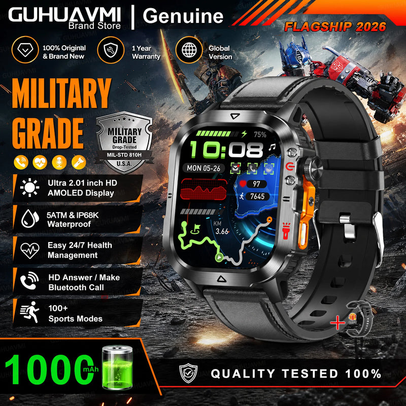 New Bumblebee Military Smart Watch 1000mAh Bluetooth Call LED Flashlight BP Monitor 100+Sports 5ATM Waterproof For iOS Android