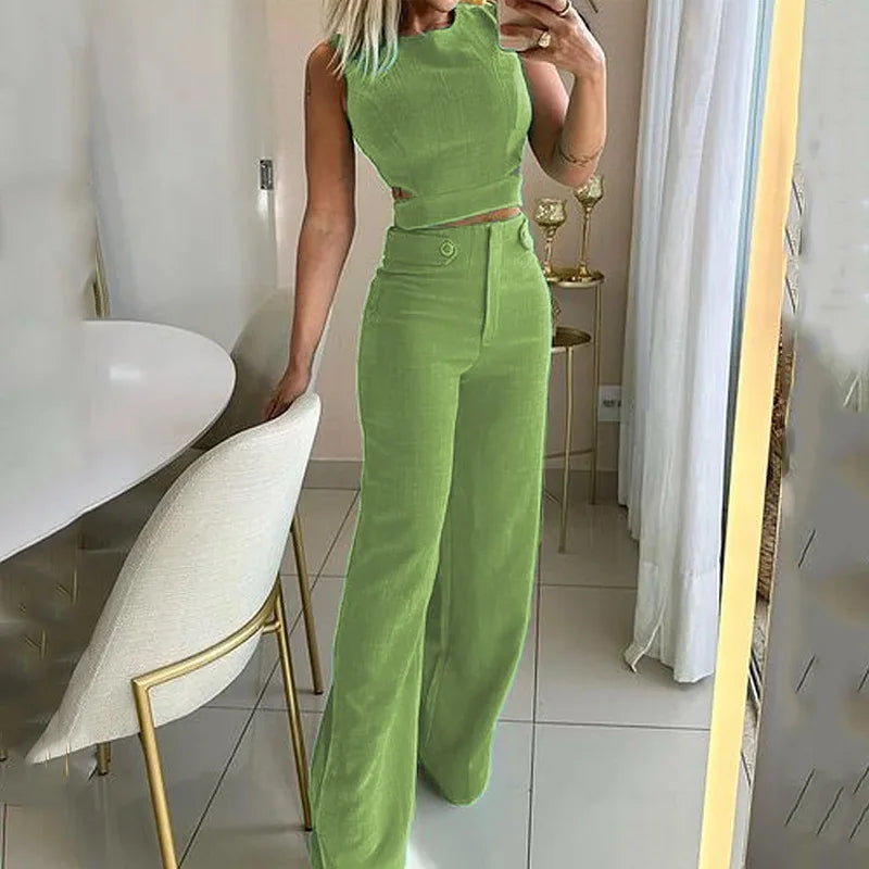 Elegant Slim Sets For Women 2 Pieces Sexy Sleeveless Crop Top + high waist Pants Suits Solid Outifit Y2K Sweet Style Women's Set