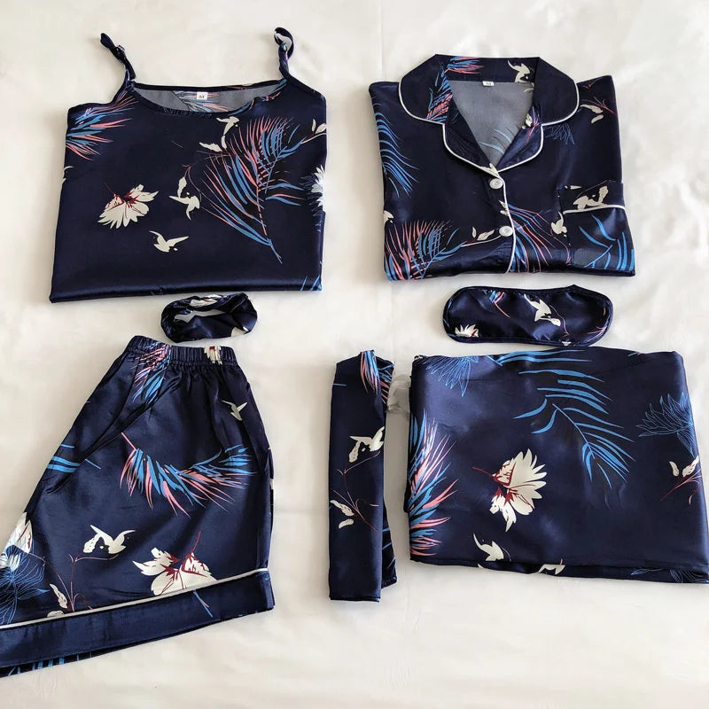 Spring Autumn 7 Pieces Set Silk Elegant Women Pajamas Print Shorts Long Sleeve Top Elastic Waist Pants Lounge Sleepwear