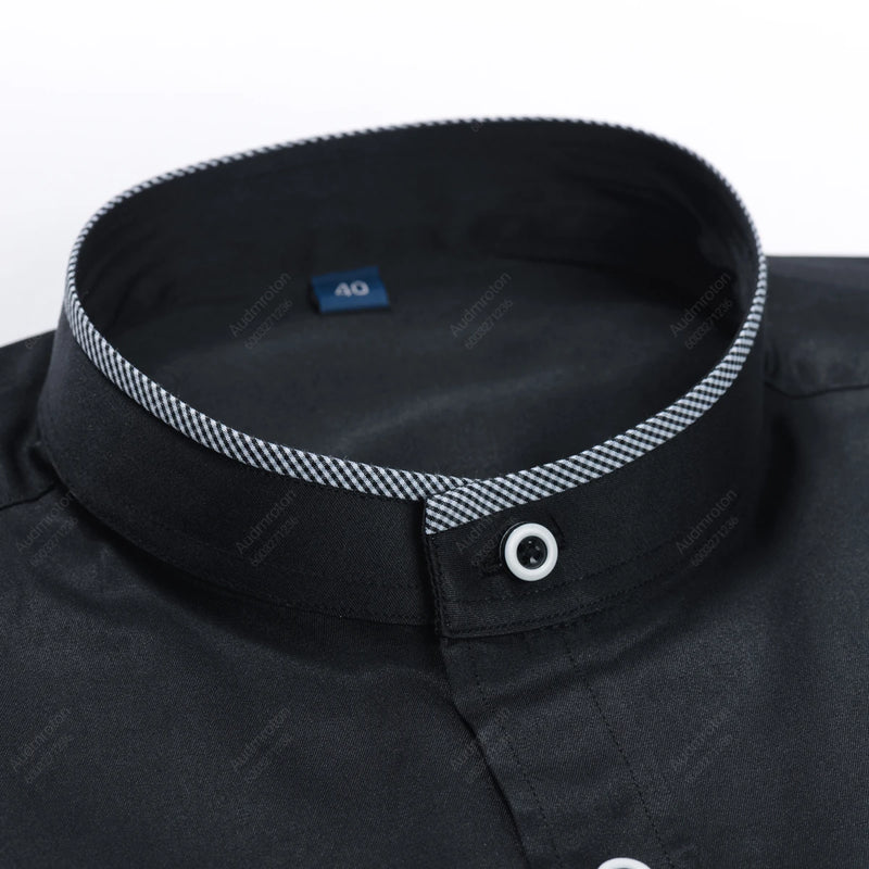 Men's Banded Collar Dress Shirts Long Sleeve Button Down Mandarin Versatile Solid with Pocket - View 4 | SAMAG