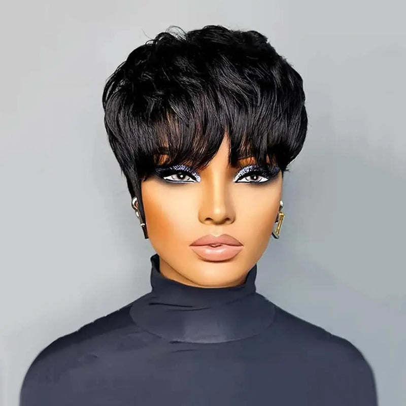 Short Pixie Cut Wigs for Women Black 100% Human Hair Glueless Wigs With Bangs Brazilian Layered Short Human Hair Pixie Cut Wigs