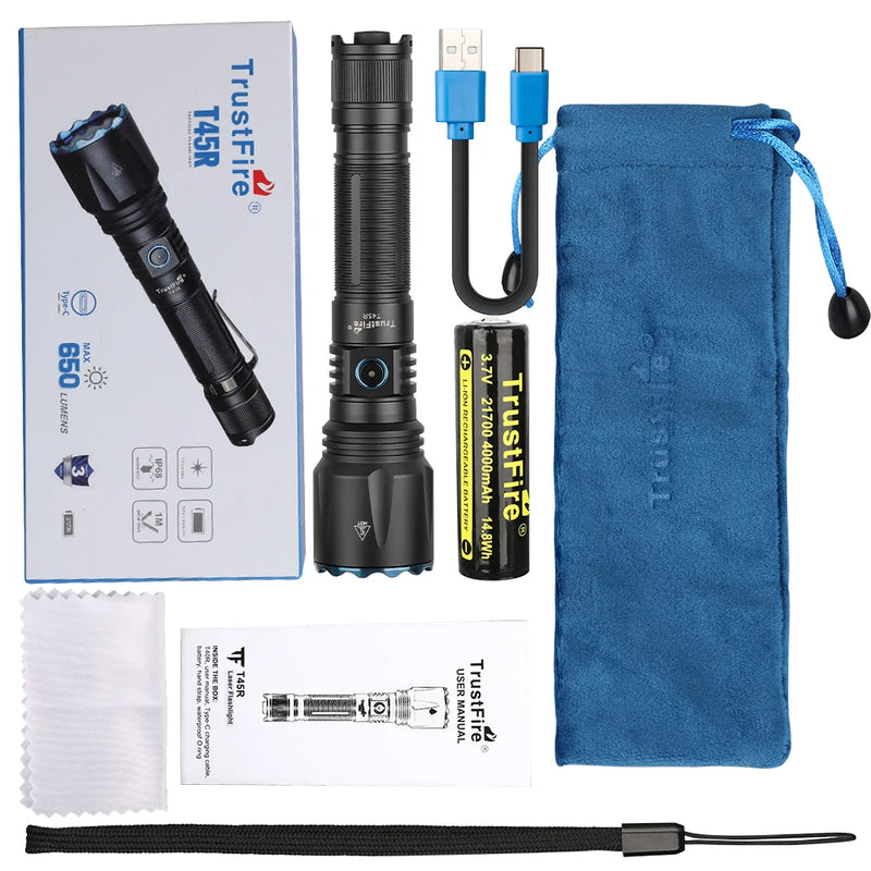 Trustfire T45R Powerful LEP Tactical Flashlight Hunting 21700 Rechargeable Lighting Torch 1695M Beam Range Military Self Defense