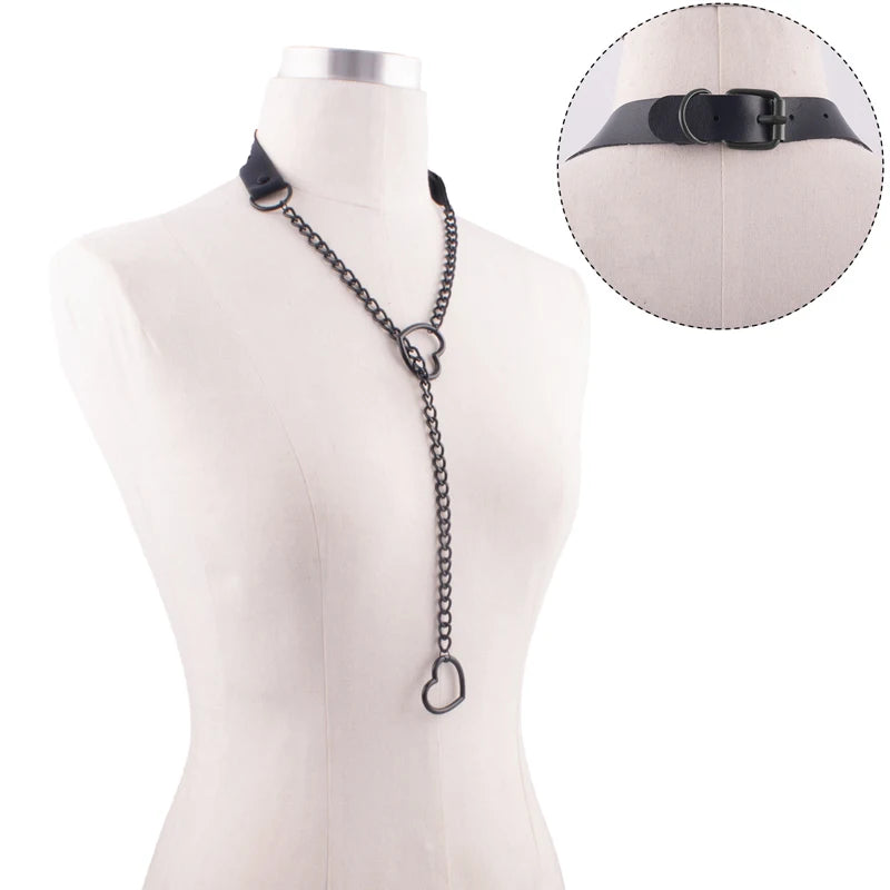 Heart Slip Chain Necklace Black leather Choker Collar For Women Goth Accessories  Punk Gothic Jewelry
