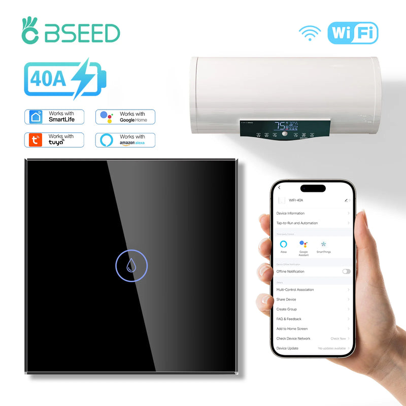 BSEED 40A Smart Wifi Water Heater Boiler Wall Touch Switch Air Conditioner Timing Function Tuya Alexa Google Home Voice Control