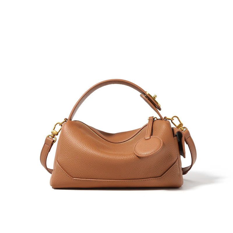 Women Genuine Leather Pillow Bag Designer Metal Hardware Top Handle Ladies Handbag Small Boston Tassel Girls Beige Leather Bag