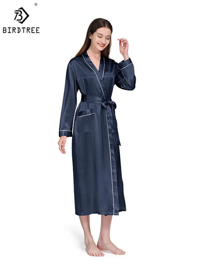 Birdtree 19 Momme 100%Pure Silk Long Robe for Women Silky | SAMAG