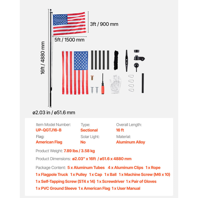 VEVOR 16/20/25/30ft Flag Pole for Outside House In Ground Thick Aluminum Flagpole Kit with 3x5American Flag for Yard Residential