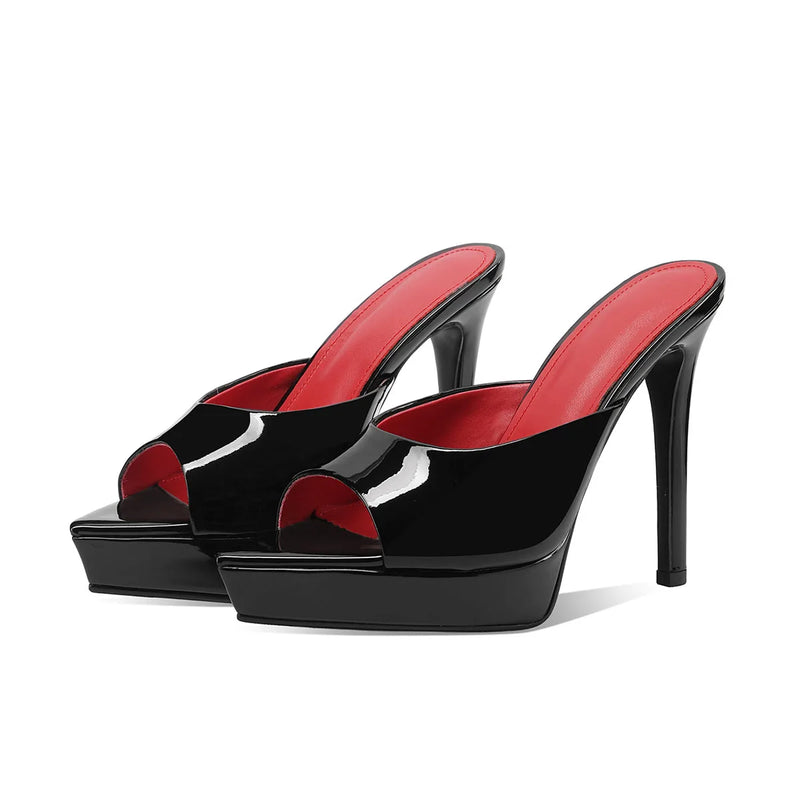 Arden Furtado Women's Patent Leather Pointed Toe Platform Super High Heel Summer Mules Slip On Fashion Slippers