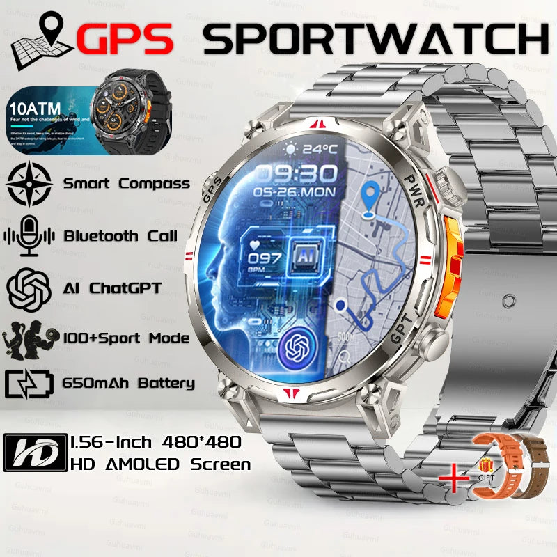 2026 New Outdoor GPS Sports Smartwatches Men Compass 10ATM Waterproof 24/7 Health Monitoring Chat GPT Bluetooth Call Smart Watch