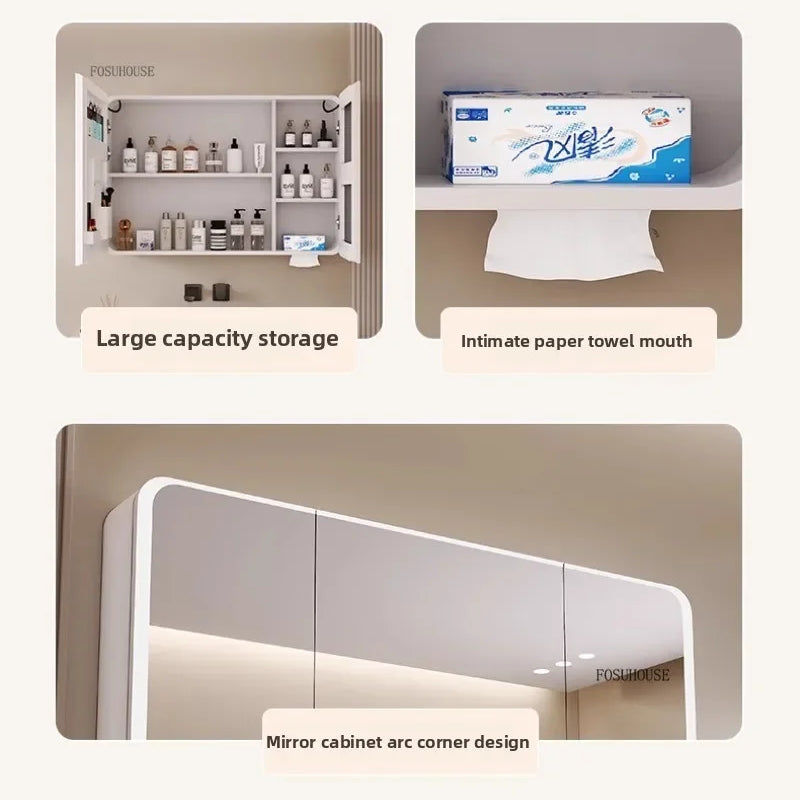 Minimalist Modern Arc-shaped Smart Bathroom Mirror Cabinets Home Furniture Wall-mounted Bathroom Mirror Cabinet with Lighting b