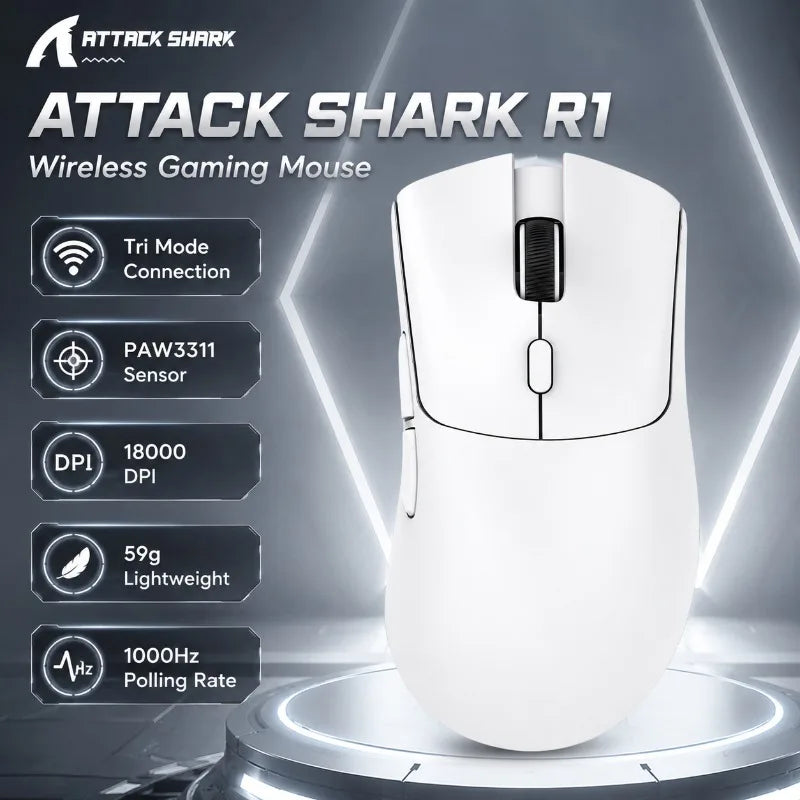 Attack Shark R1 Wireless Gaming Mouse PAW3311 Sensor 18000 DPI 1000Hz Polling Rate Tri Mode Bluetooth Lightweight for PC Laptop