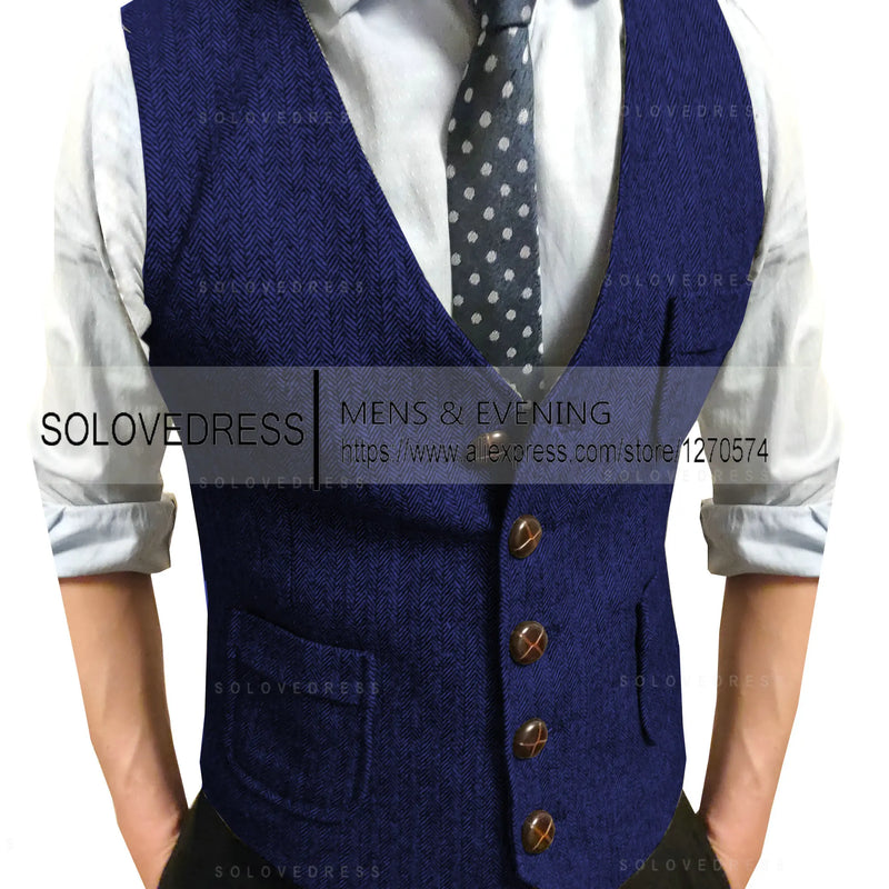 Men's Suit Vest V Neck Notched Lapel Slim Fit Leisure Wool Herringbone Tweed Vest Men for Wedding Groomsmen Mens Waistcoat Vest