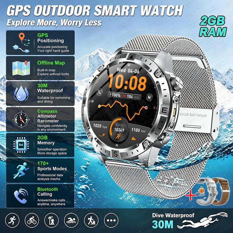 2026 Offline Map New Smart Watch 3ATM Waterproof GPS Navigation Compass Altimeter Flashlight Men 170+ Sports Bracelet Men Women