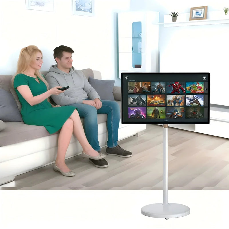 27/32" Moveable Smart Screen 4K UHD Touch Screen Portable TV on Wheels Built-in Battery Android 11 Rotating Wireless Monitor