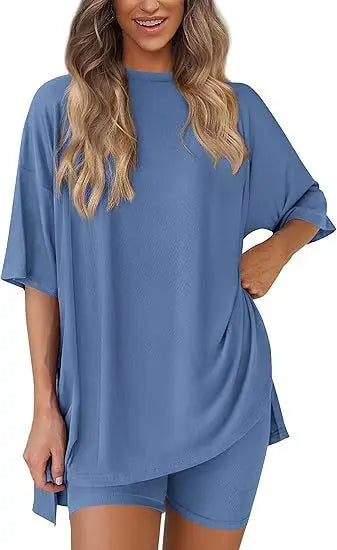 2026women's New Fashion Trend Basic High-quality Casual Round Neck Slit Loose Casual and Comfortable Women's Two-piece Home Suit