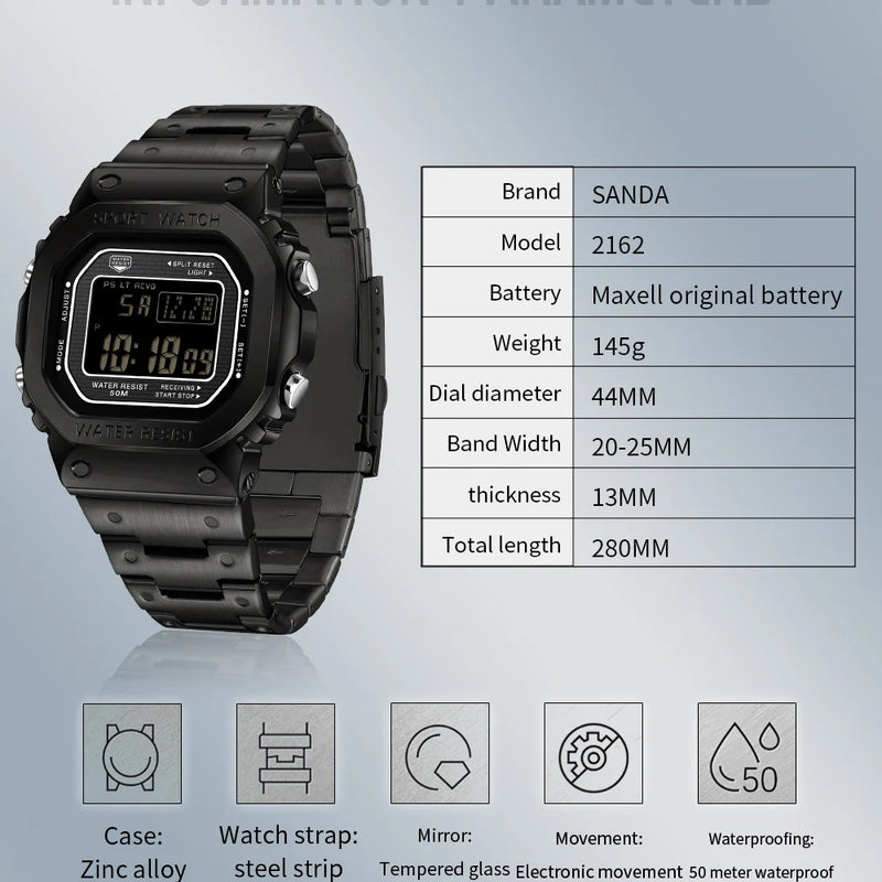 SANDA 2162 Men's Electronic Watch Square Waterproof Multi Functional Wrist Watch Square Fashion Night Light Steel Digit Watches