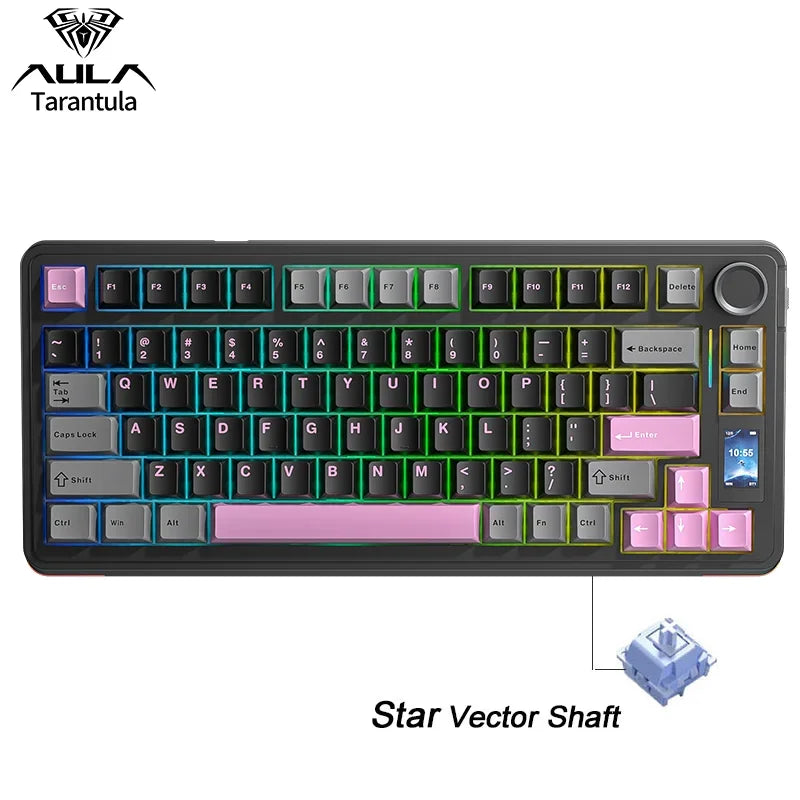 AULA S75 Pro Gaming Mechanical Keyboard 75% Hot Swappable RGB Backlit 4000mAh PBT Keycaps Wireless Keyboard with LED Screen Knob