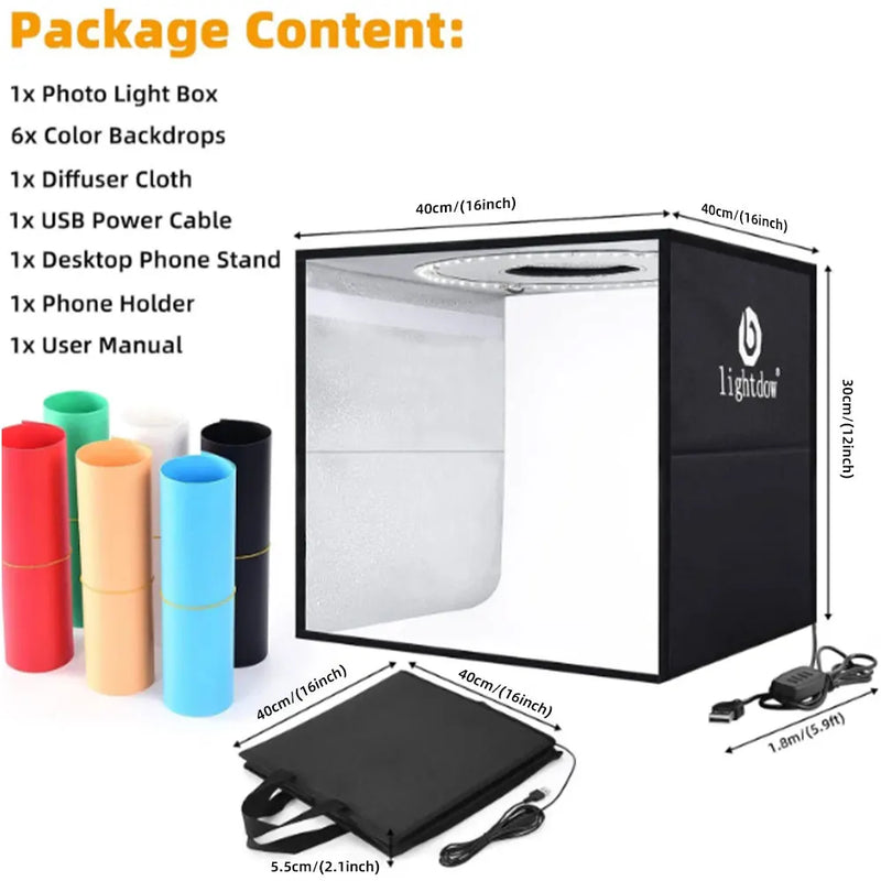 Lightdow Photo Lighting Studio Shooting Tent Box Folding Durable CRI95 Ring 120pcs LEDs Light +6 Colors Backdrops 40*40*30cm