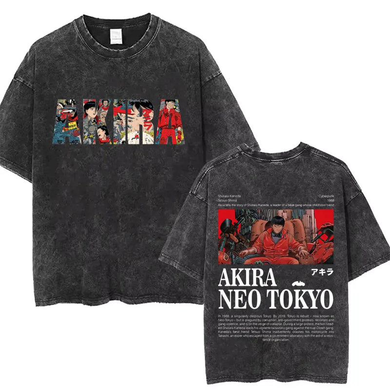 Washed Retro Japanese Anime Akira Print 100%Cotton Men Woment T-shirt Summer Autumn Daily Sports Party Casual Loose Short Sleeve