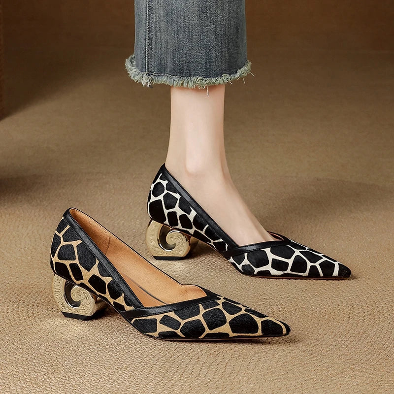 Women's New Genuine Leather Sheepskin Leopard Print Horsehair Pointed Gold-Plated Heel Spring and Autumn High Heels Work Shoes
