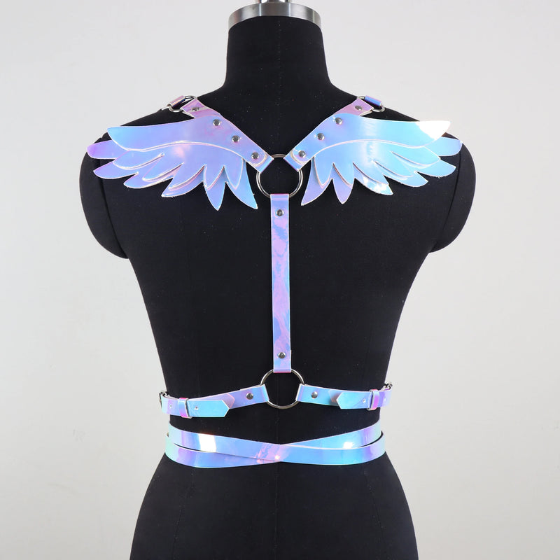 Women's Fashion Faux Leather Iridescent Angel Wing Suspender Belt, Sexy Backless Outfit Accessory, Festival Rave Y2K Hot Girl