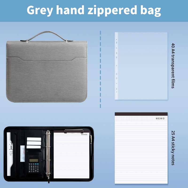 New A4 Portfolio 4 Ring Binder with Zipper, PU Leather Padfolio Document Organizer with Storage, Professional Business Briefcase