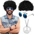 Men Synthetic Wig Hat Curly Hair Cap Sunglasses Necklace 3 PCS Set Funny 70s Disco Hippie Hair Props Party Hip Hop Dance Costume