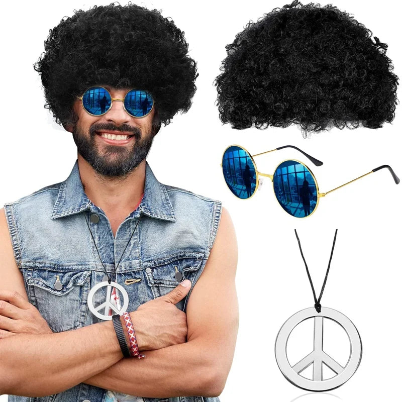 Men Synthetic Wig Hat Curly Hair Cap Sunglasses Necklace 3 PCS Set Funny 70s Disco Hippie Hair Props Party Hip Hop Dance Costume