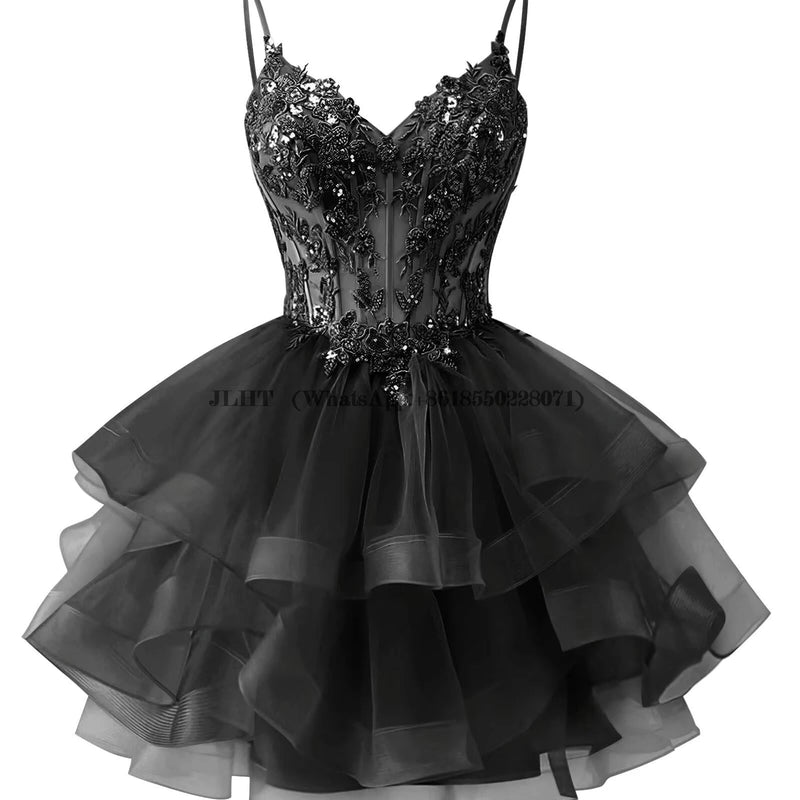 Customized Tiered Tulle A Line Homecoming Dress For Teens Sparkly Lace Applique Beaded Short Prom Dress Mini Cocktail Party Gown