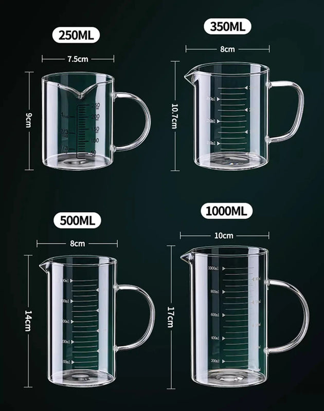 YWDL 1pcs Glass Measuring Cup With Handle Heat-resistant Laboratory Beaker Kitchen Milk Coffe Measuring Mug 250/350/500/1000ml