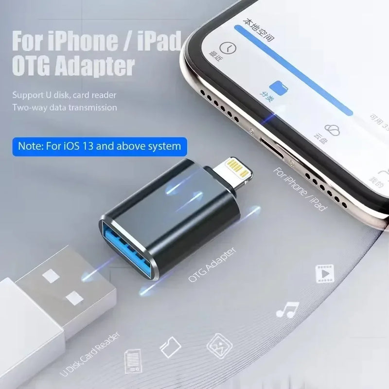 USB 3.0 OTG Adapter for IPhone 14 13 12 11 Pro XS Max XR X 8 Plus 7 6s IPad Lightning Male To USB 3.0 Adapter for IOS 13 Above
