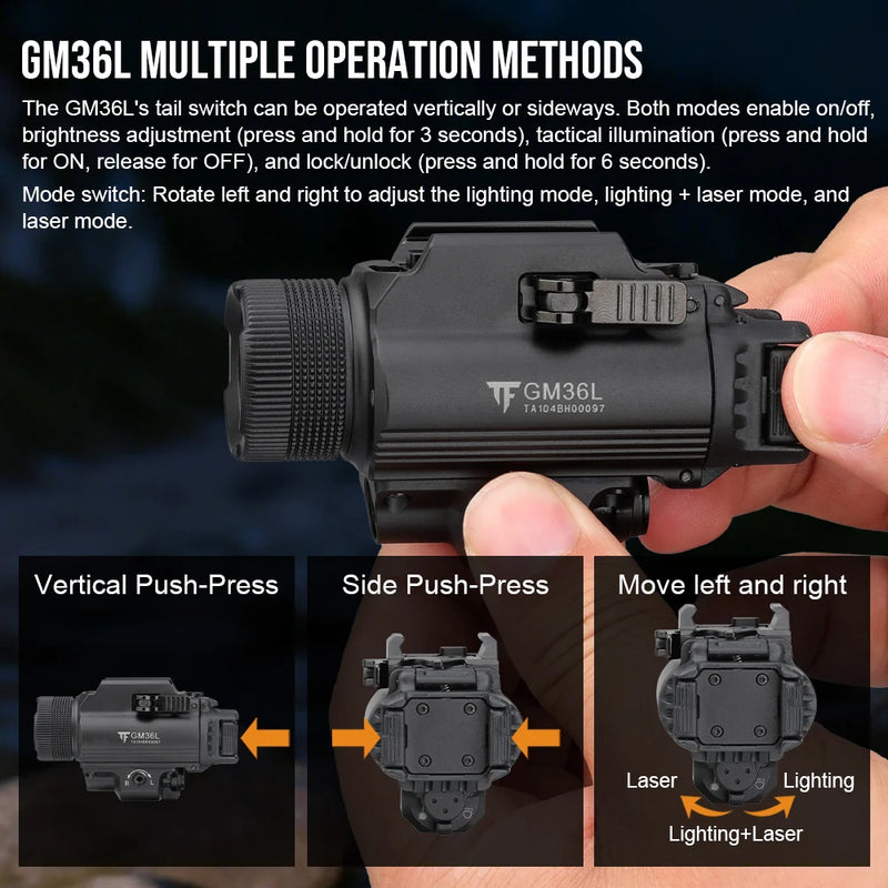 Trustfire GM36L Tactical LED Pistol Light 2350 Lumen 210M Light Range With Pointer Mini LED Pistol Flashlight Compact Type-C Rechargeable Quick Release LED Torch Flashlight for Gl0ck IPX4 Waterproof