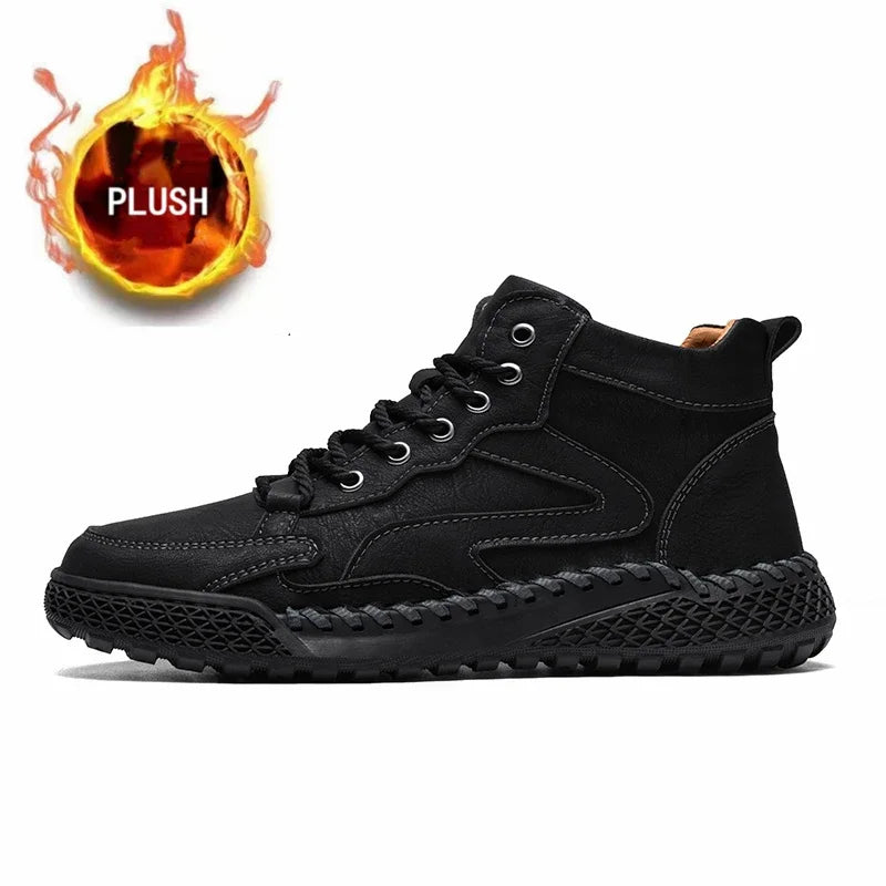 Outdoor Hiking Shoes for Men Autumn Winter Men Ankle Boots Hand Stitched Optional Plush Non-slip High Top Casual Shoes Sports