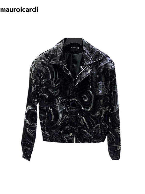 Mauroicardi Spring Autumn Cool Short Black Shiny Geometric Faux Leather Jacket Men Zipper Stylish Luxury Designer Clothes