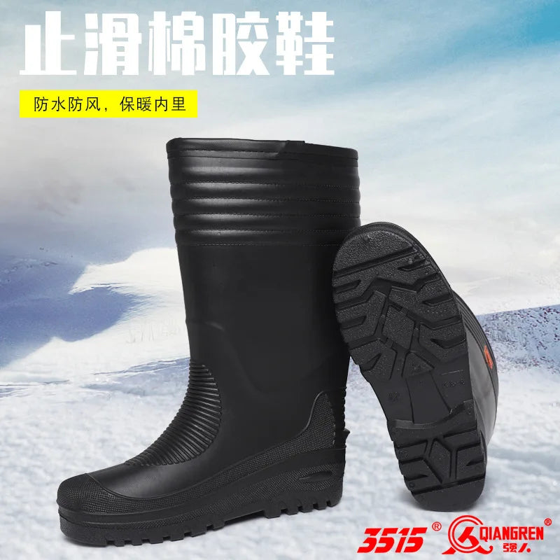 Winter new tall cotton rain boots men's thickened black waterproof and warm farmland outdoor work shoes