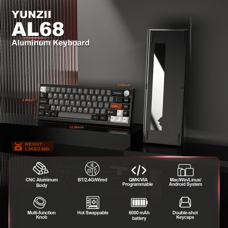 YUNZII AL68 Black QMK/VIA Mechanical Keyboard, Wireless - Visuel 2 | SAMAG
