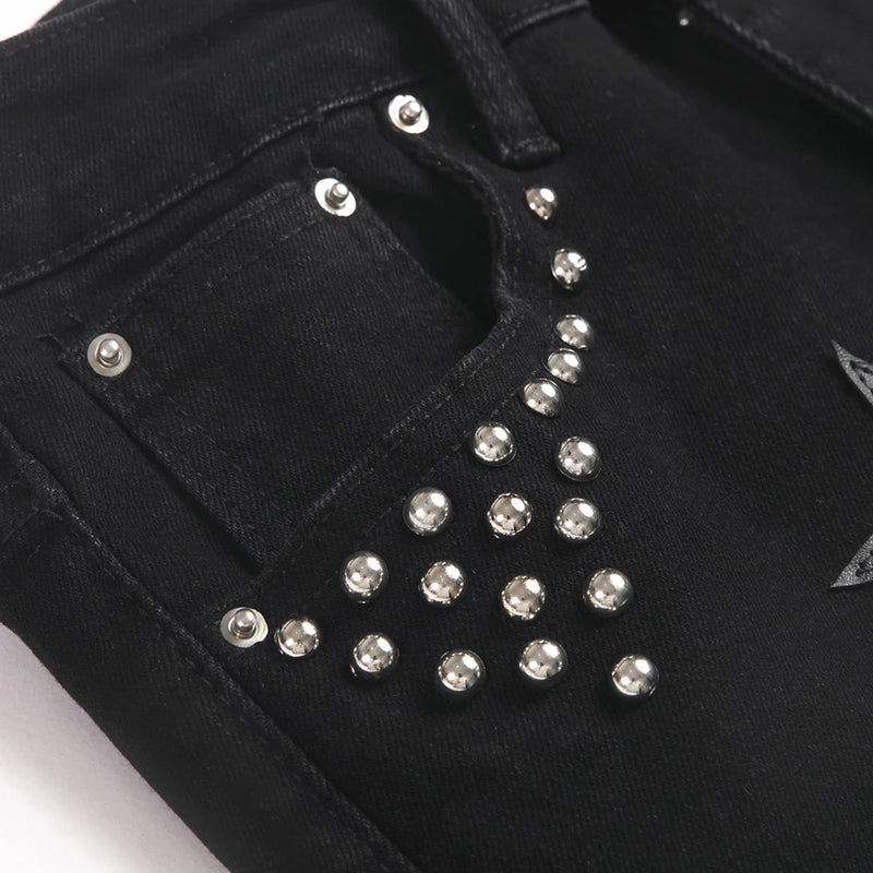 Men's Stars Patch Denim Jeans Streetwear Black Slim | SAMAG